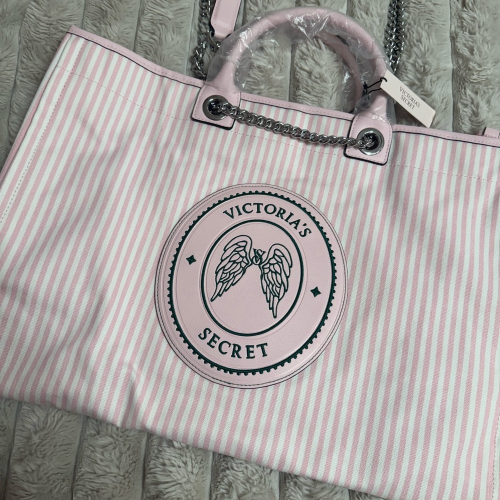 Victoria's Secret Pink and White Striped Tote with Logo Patch